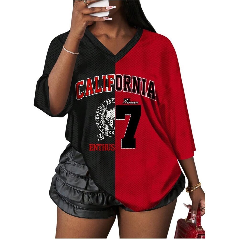 Women's Oversized Jersey Shirt Poly V Neck Half Sleeve Casual Top